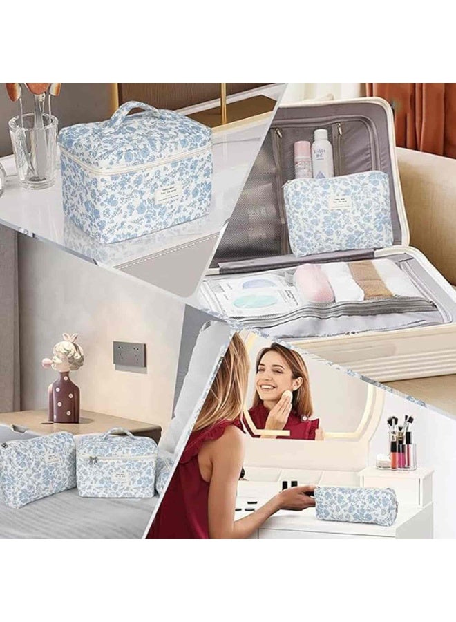 Mitoy 3 Pcs Cotton Quilted Makeup Bag Set, Floral Cosmetic Bag, Aesthetic Toiletry Travel Organizer Bag for Women Girls - Image 4